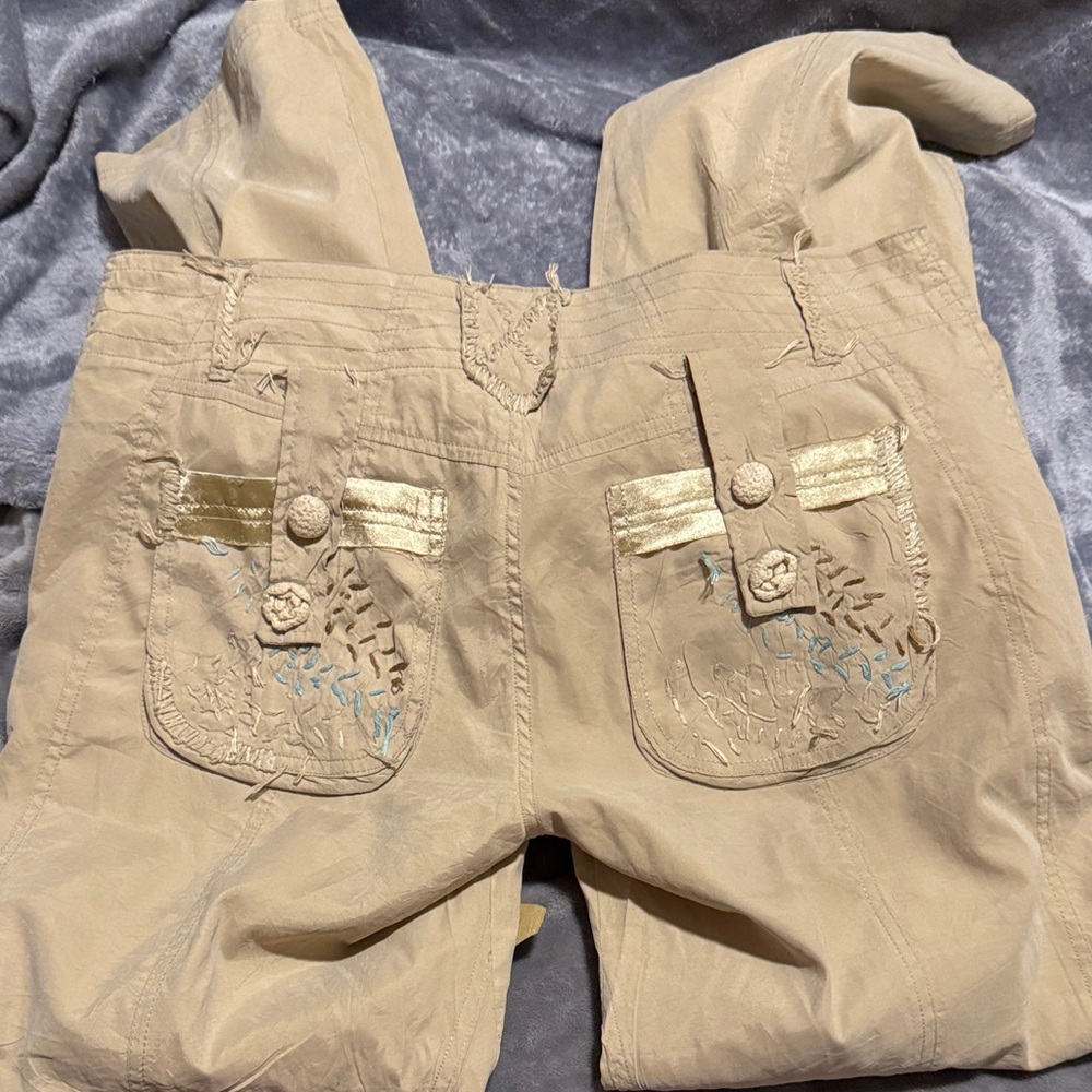 Boho Embroidered Cargo Pants Beige Artsy Distressed Pockets Cottagecore